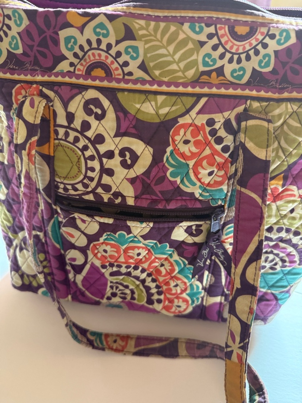 Vera Bradley Floral Zipper Tote in Purple, Teal & Cream